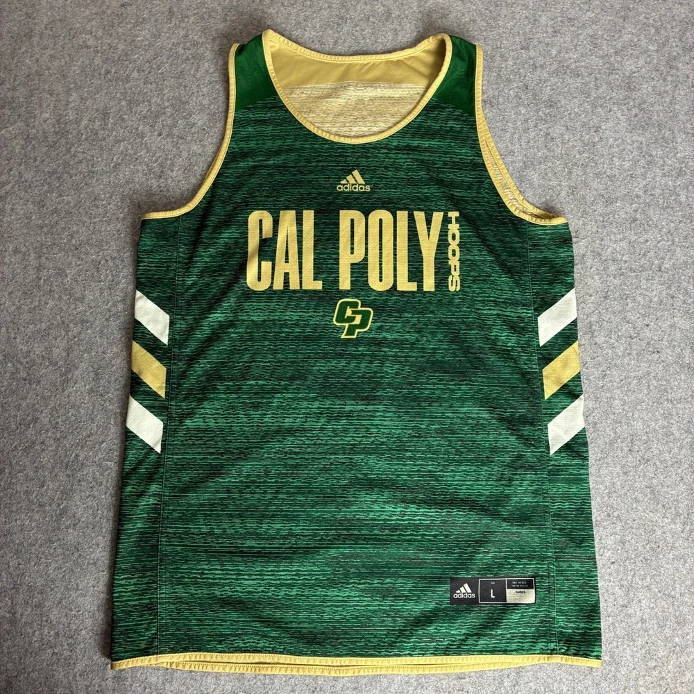 Adidas Cal Poly Hoops Mens L Basketball Jersey Green Gold Reversible Tank Top